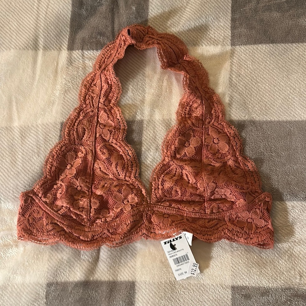 Coral/orange halter lace bralette (size medium)